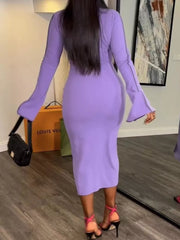 Button Front Long Sleeve Midi Dress in Lavender Purple, back view