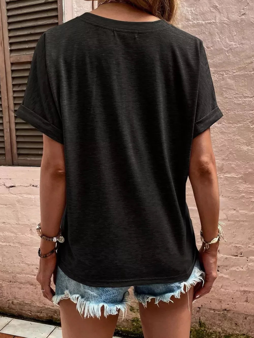 Full Size Notched T-shirt With Rolled Sleeves in Pink, model styling view
