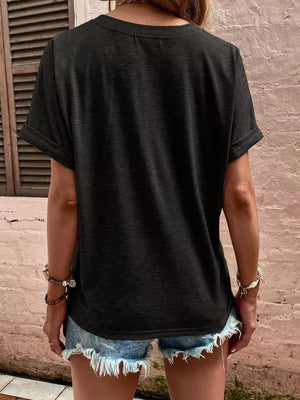 Full Size Notched T-shirt With Rolled Sleeves in Pink, model styling view