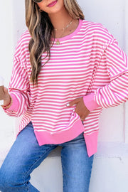 Stripe Textured Knit Color Block Long Sleeve Top in Blush Pink, fit detail