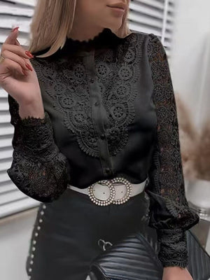 Black lace detail long-sleeve button-down blouse with mock neck and bell sleeves.