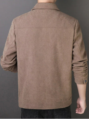Casual corduroy button-down jacket in taupe with buttoned cuffs and a collared neckline.