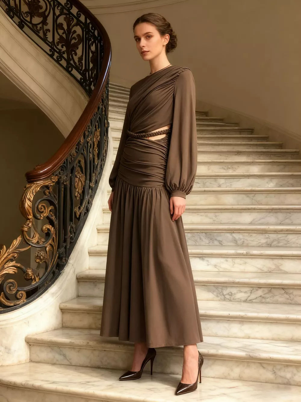 Ruched Long-sleeve Maxi Dress With Cutout in Brown, front view