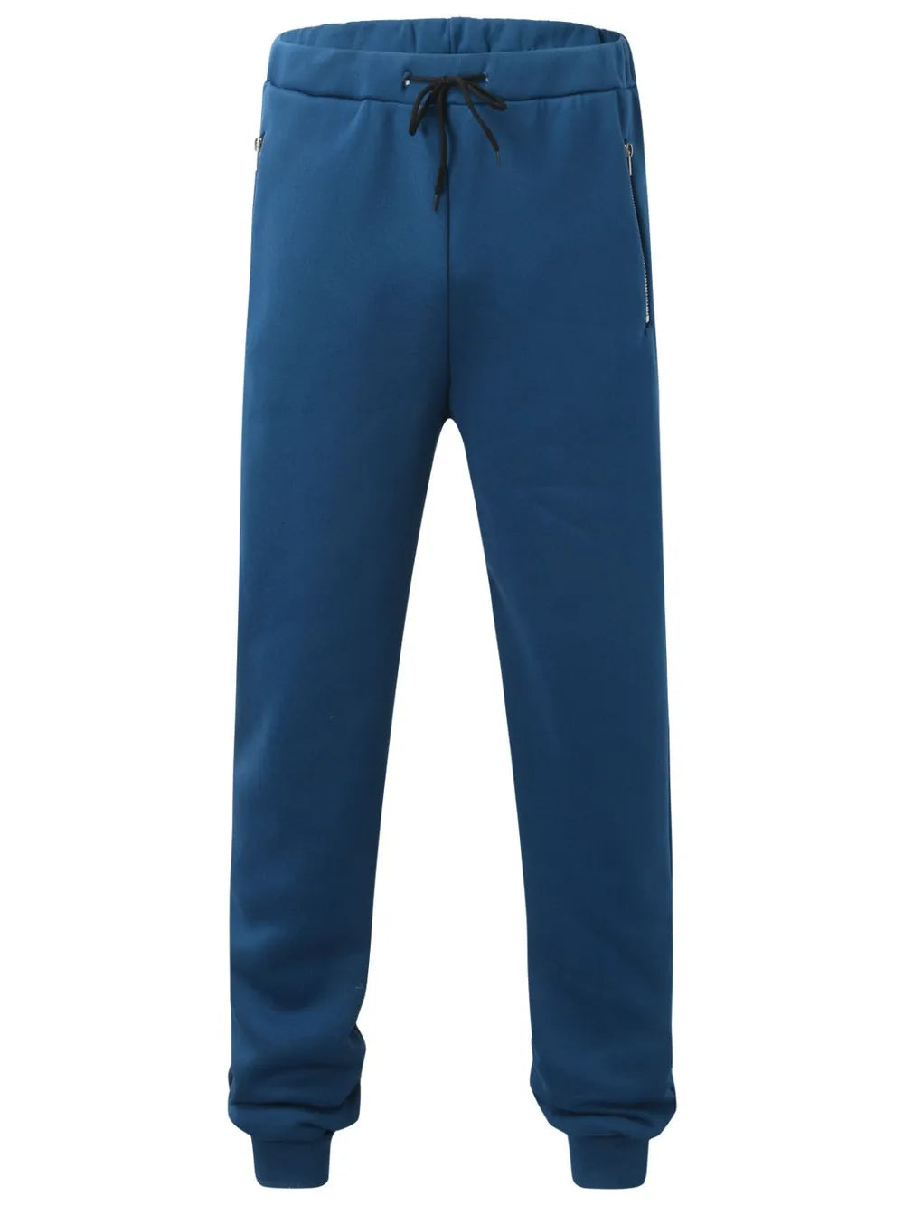 Peacock blue fleece joggers with drawstring waist and zip pockets.