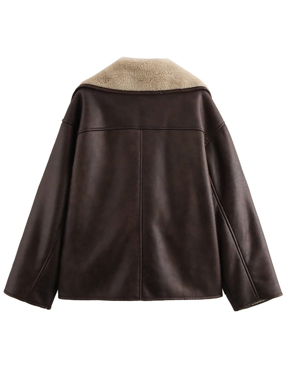 Chocolate aviator jacket with shearling collar and trim, oversized fit.