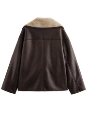 Chocolate aviator jacket with shearling collar and trim, oversized fit.