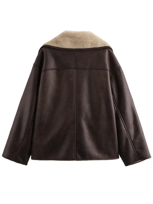 Chocolate aviator jacket with shearling collar and trim, oversized fit.