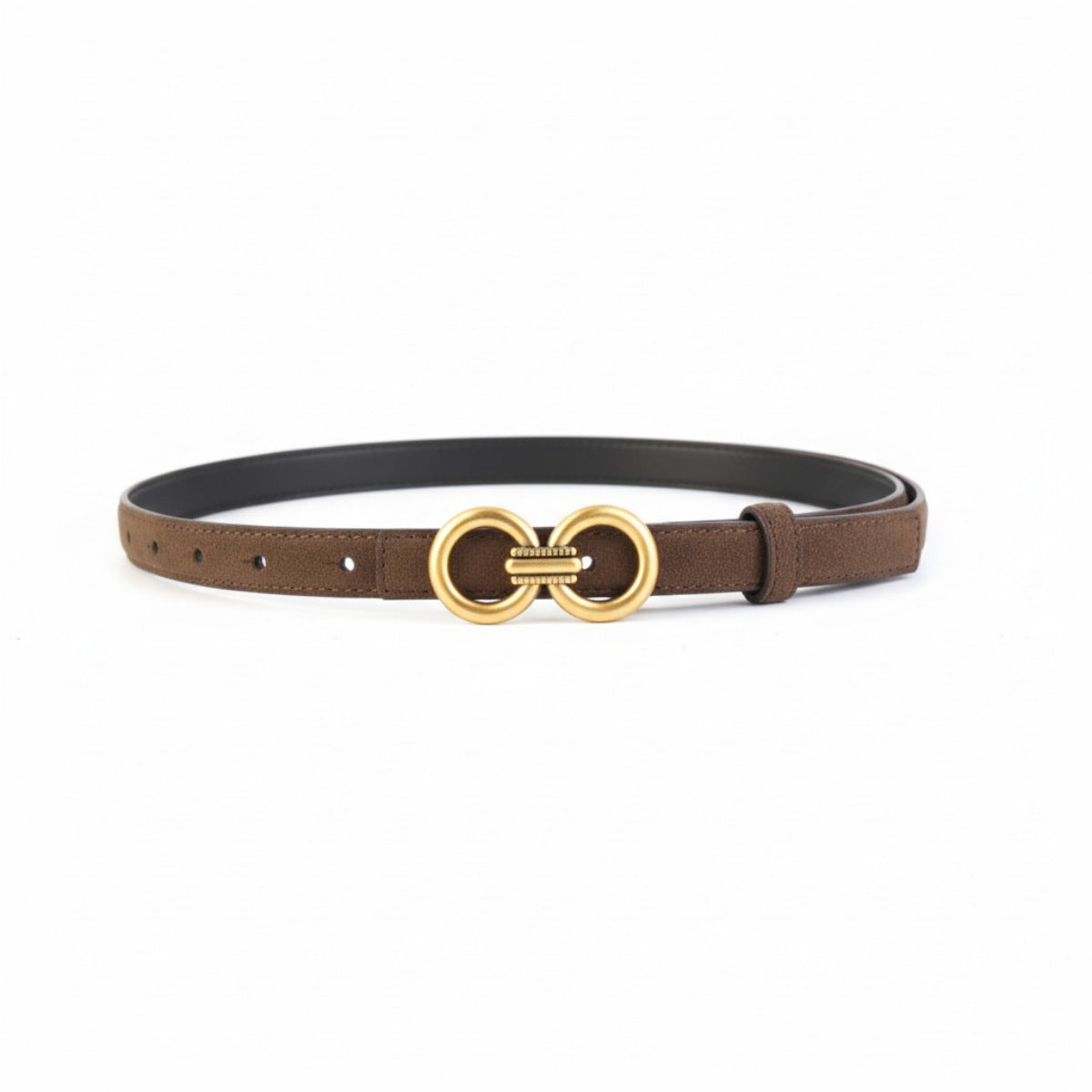 Brown cowhide leather belt with double circle gold buckle