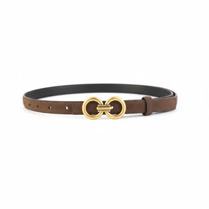 Brown cowhide leather belt with double circle gold buckle