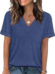 Blue-green v-neck t-shirt with cuffed short sleeves and a relaxed fit.