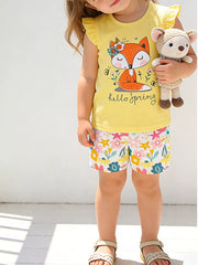 Toddler girls' yellow cotton set with fox graphic tee and floral print shorts