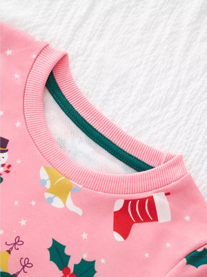 Pink crew neck sweatshirt with festive Christmas print and ribbed trim.