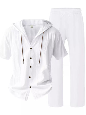 White linen blend hooded short sleeve top and drawstring pants ensemble.