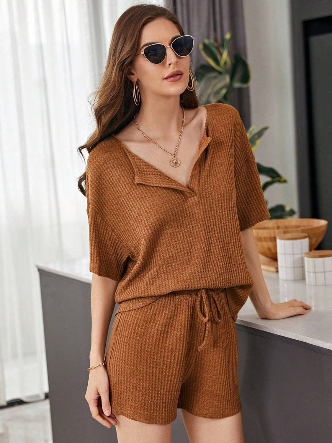 Brown waffle knit henley short set with drawstring waist shorts and short sleeves