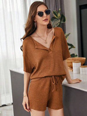 Brown waffle knit henley short set with drawstring waist shorts and short sleeves