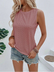 Dusty pink eyelet sleeveless top with round neckline and breathable fabric.