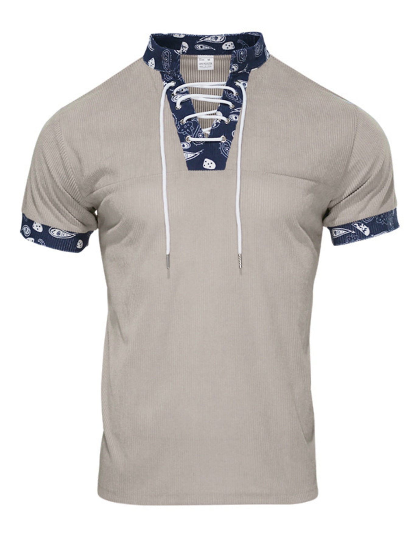 Men's Khaki T-shirt with lace-up collar and paisley trim details.