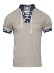 Men's Khaki T-shirt with lace-up collar and paisley trim details.