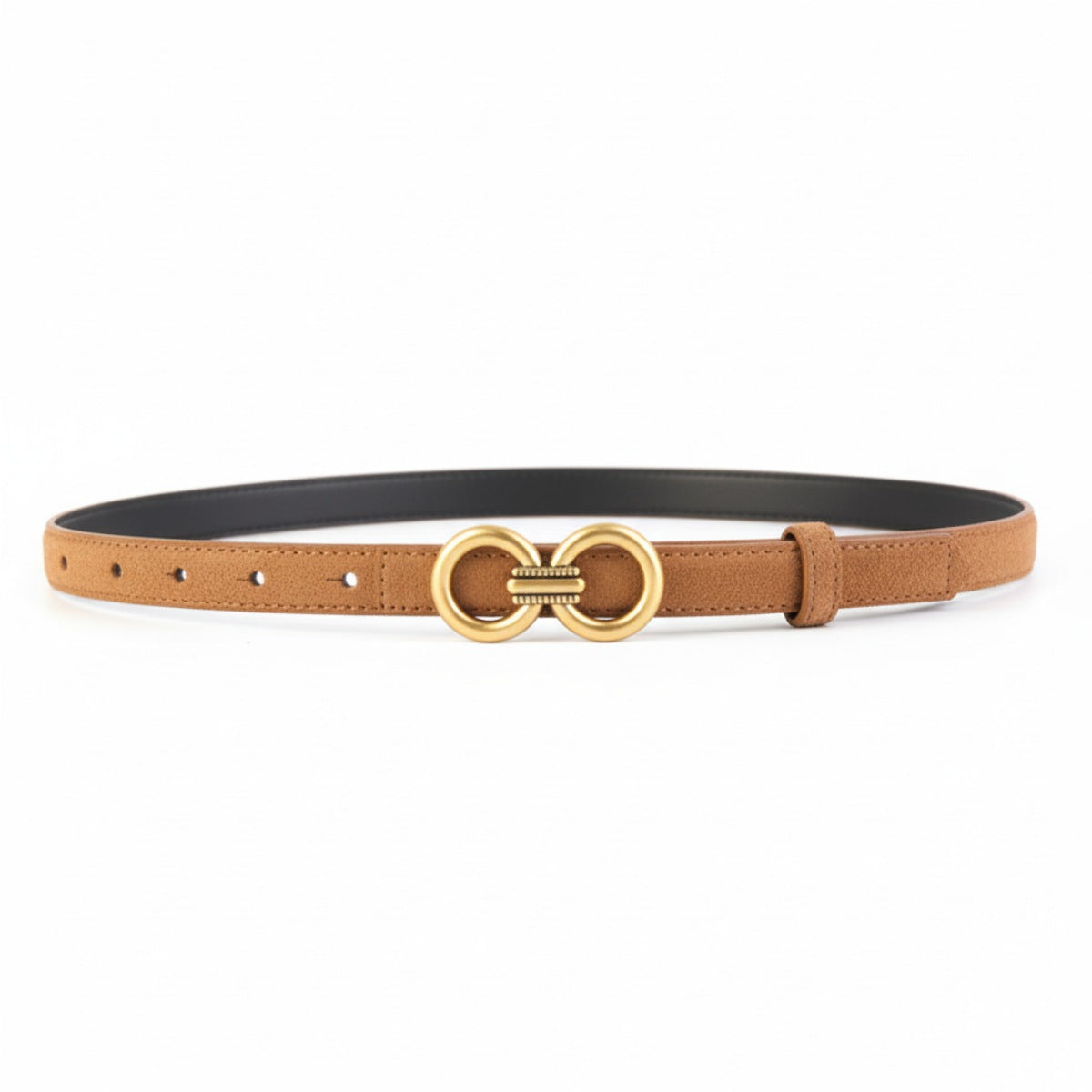 Brown cowhide leather belt with double circle buckle
