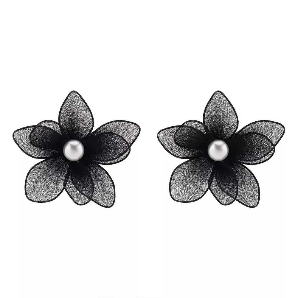 Black floral stud earrings with pearl centers, made of sheer fabric.