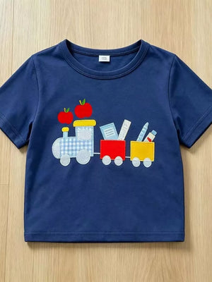 Navy cotton tee with embroidered train, apples, and school supplies applique.