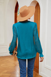 Azure lace sleeve knit v-neck blouse with smocked cuffs