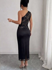 One-shoulder Lace Trimmed Midi Dress in Black, model styling view