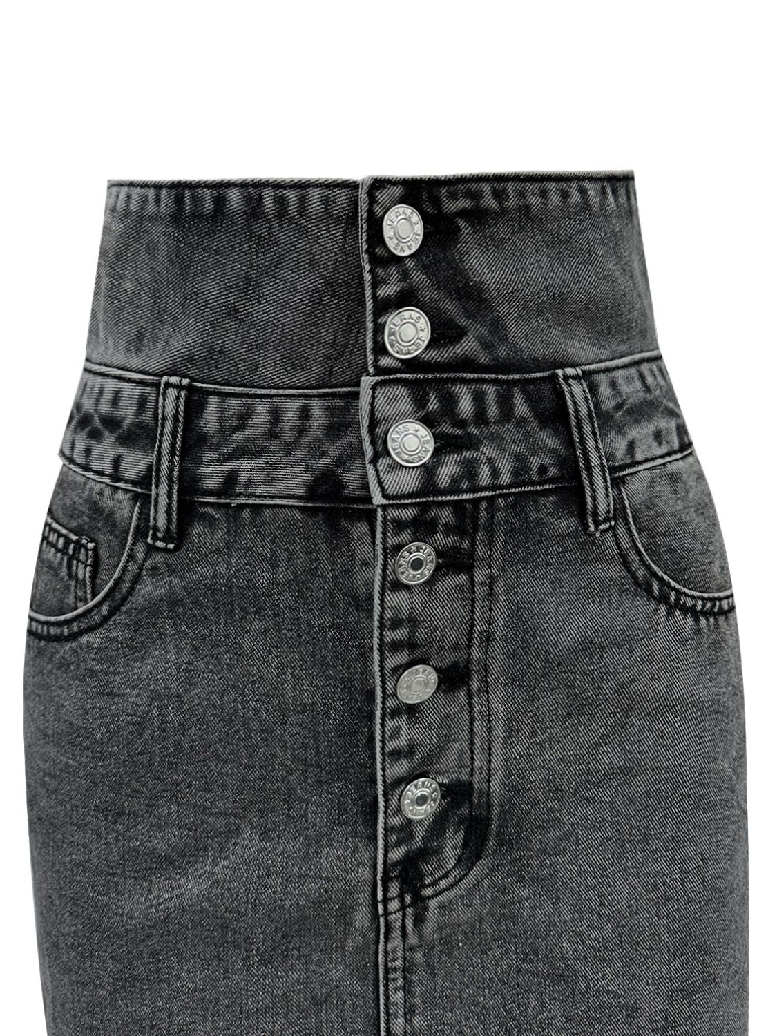 Button-front dark gray acid wash denim mini skirt with silver buttons and pockets.