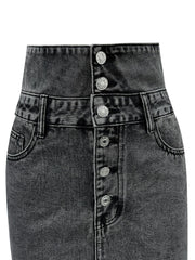 Button-front dark gray acid wash denim mini skirt with silver buttons and pockets.