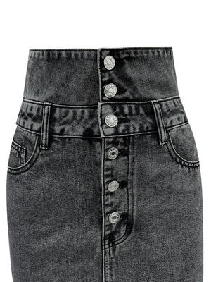 Button-front dark gray acid wash denim mini skirt with silver buttons and pockets.
