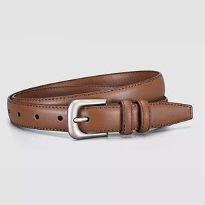 Brown cowhide leather belt with silver buckle and stitched detail