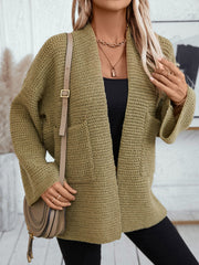 Moss chunky knit open front cardigan with pockets and relaxed fit.
