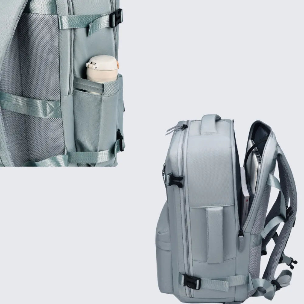 Travel backpack in Air Force Blue with side water bottle pocket and open main compartment showing laptop.