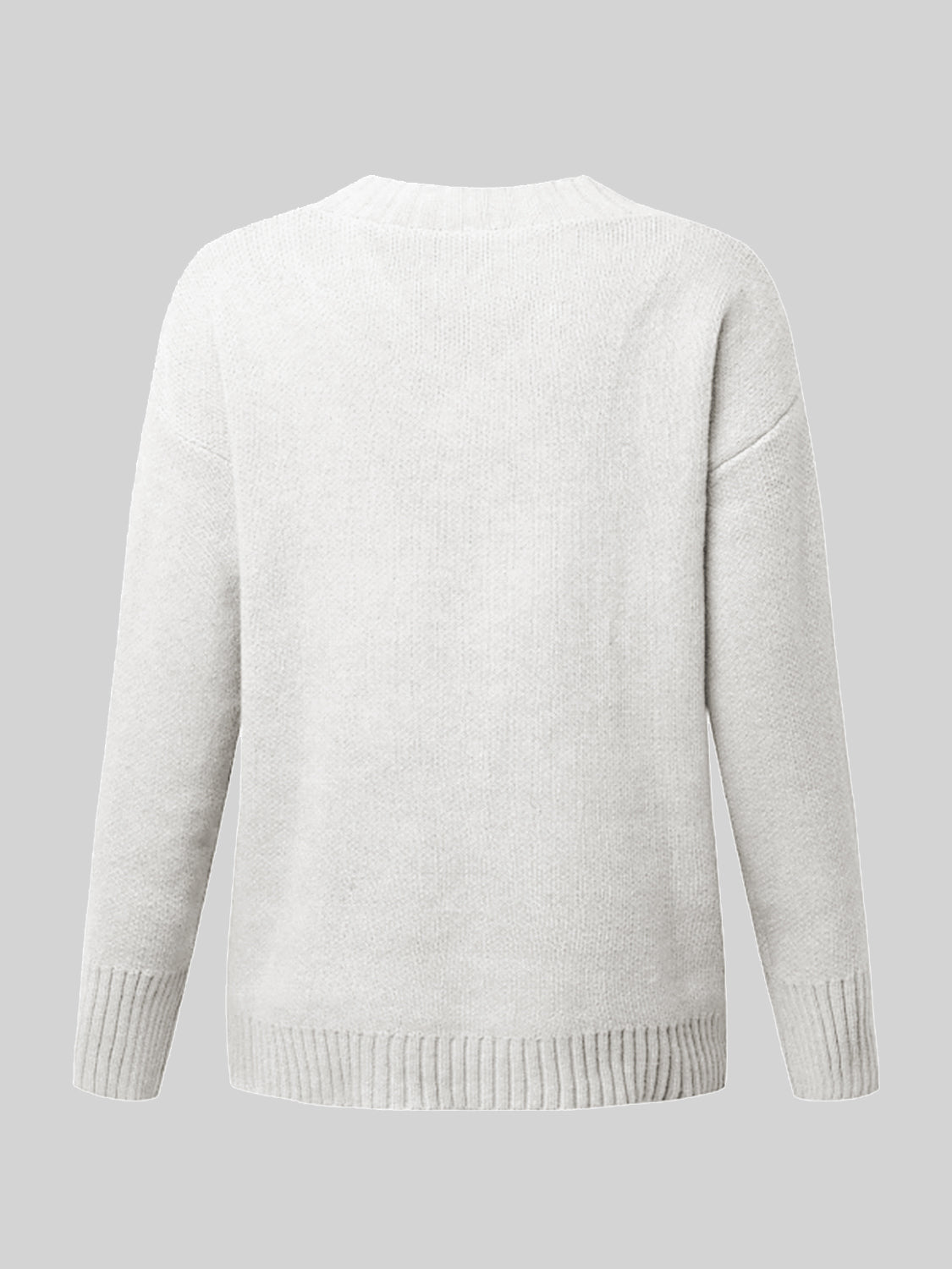 White ribbed trim V-neck knit sweater with long sleeves and ribbed cuffs and hem.