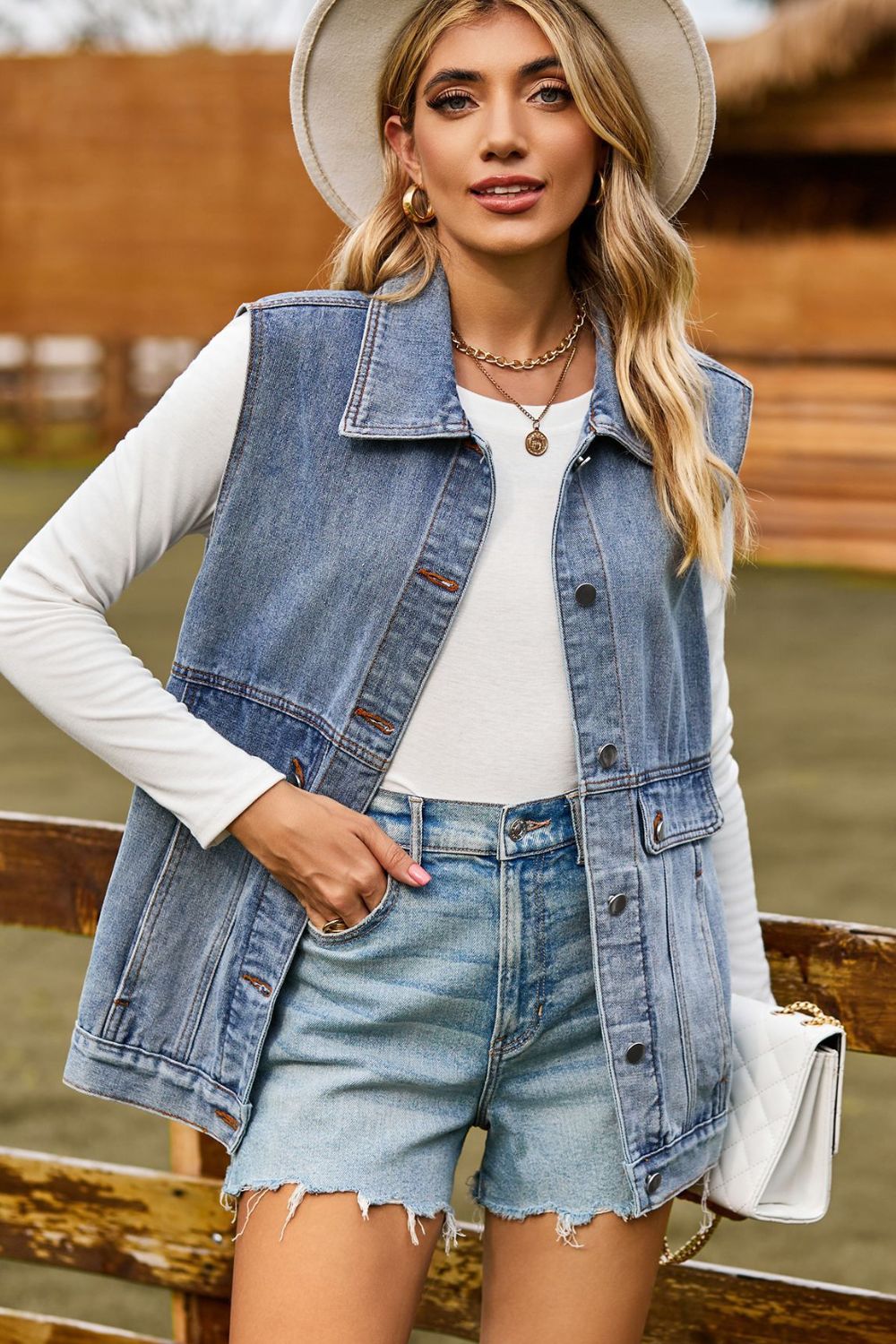 Sleeveless denim utility vest in light wash with button front and chest pockets.