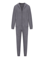 Dark Gray fleece hoodie with zipper and pockets, paired with matching jogger pants.