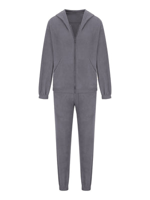 Dark Gray fleece hoodie with zipper and pockets, paired with matching jogger pants.