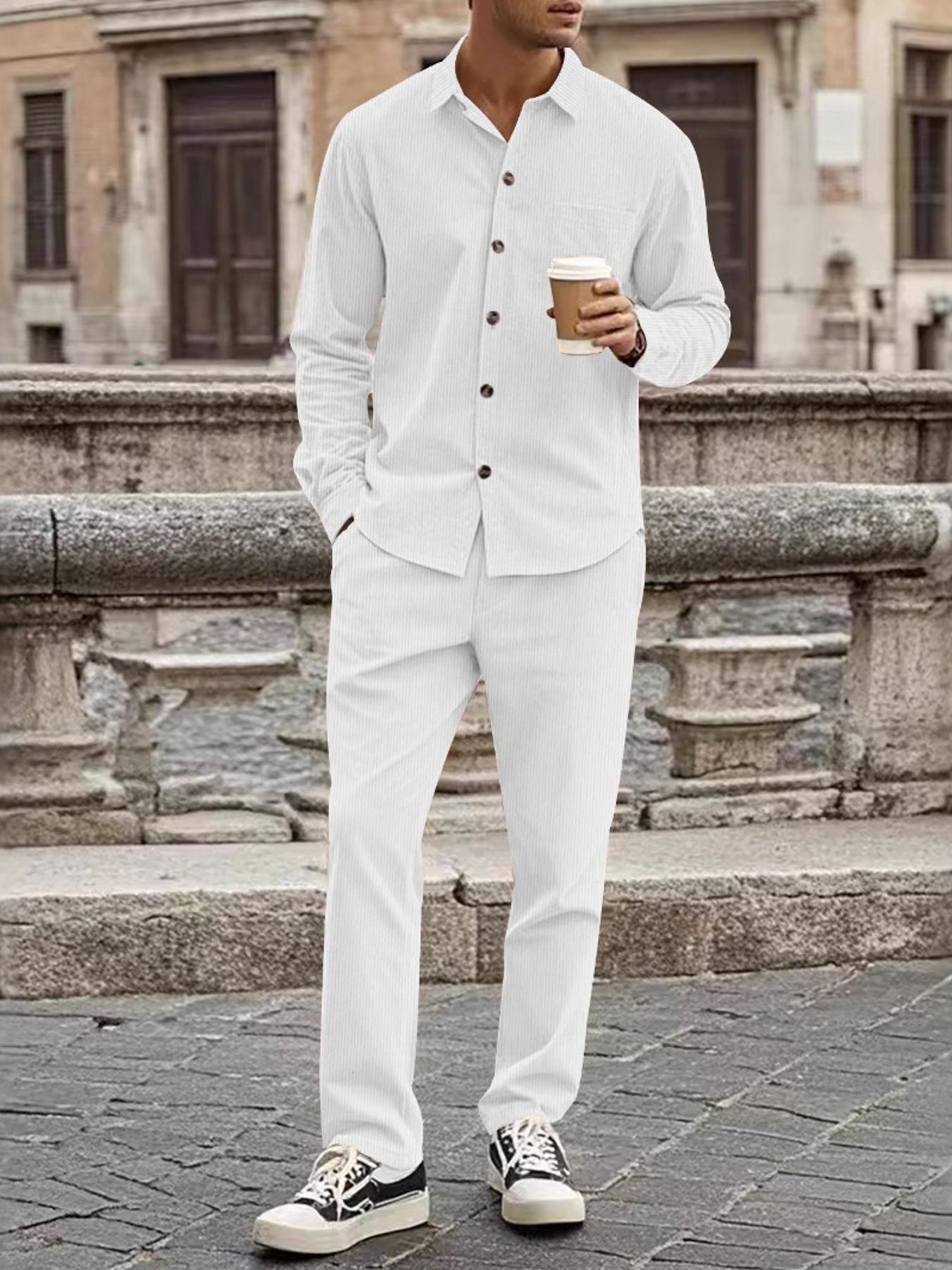 Men's Full Size Button Up Long Sleeve Shirt And Pants Set, fabric detail