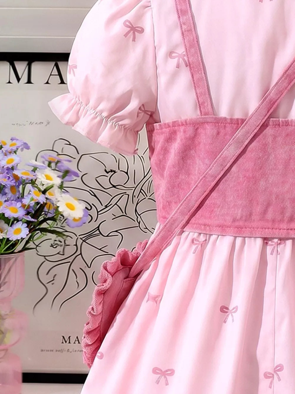 Children's Bow Print Puff Sleeve Dress Set in Pink, model styling view