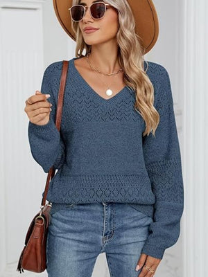 Peacock Blue Diamond Eyelet Knit V-Neck Sweater with textured detail