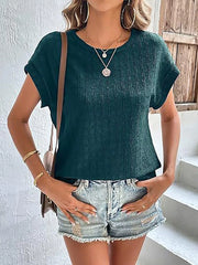 Textured Round Neck Short Sleeve Top in Malachite Green, close-up detail