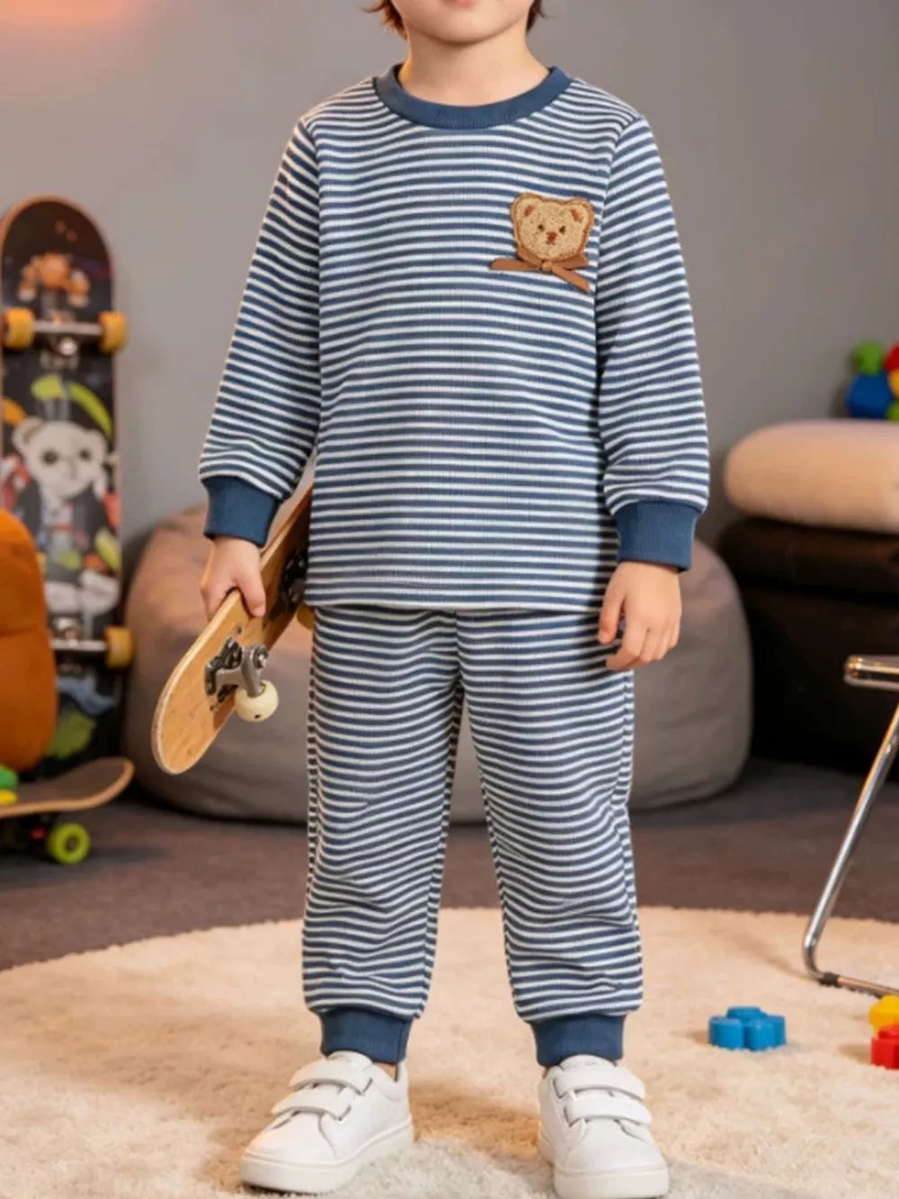 Children's Bear Striped Top And Pants Set in Light Blue, side view