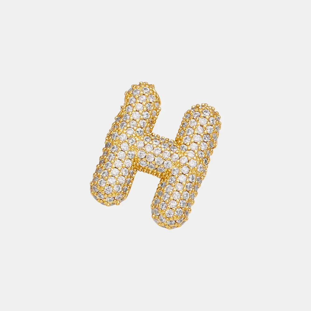 Puffed pave initial pendant necklace in gold with clear stones, letter H