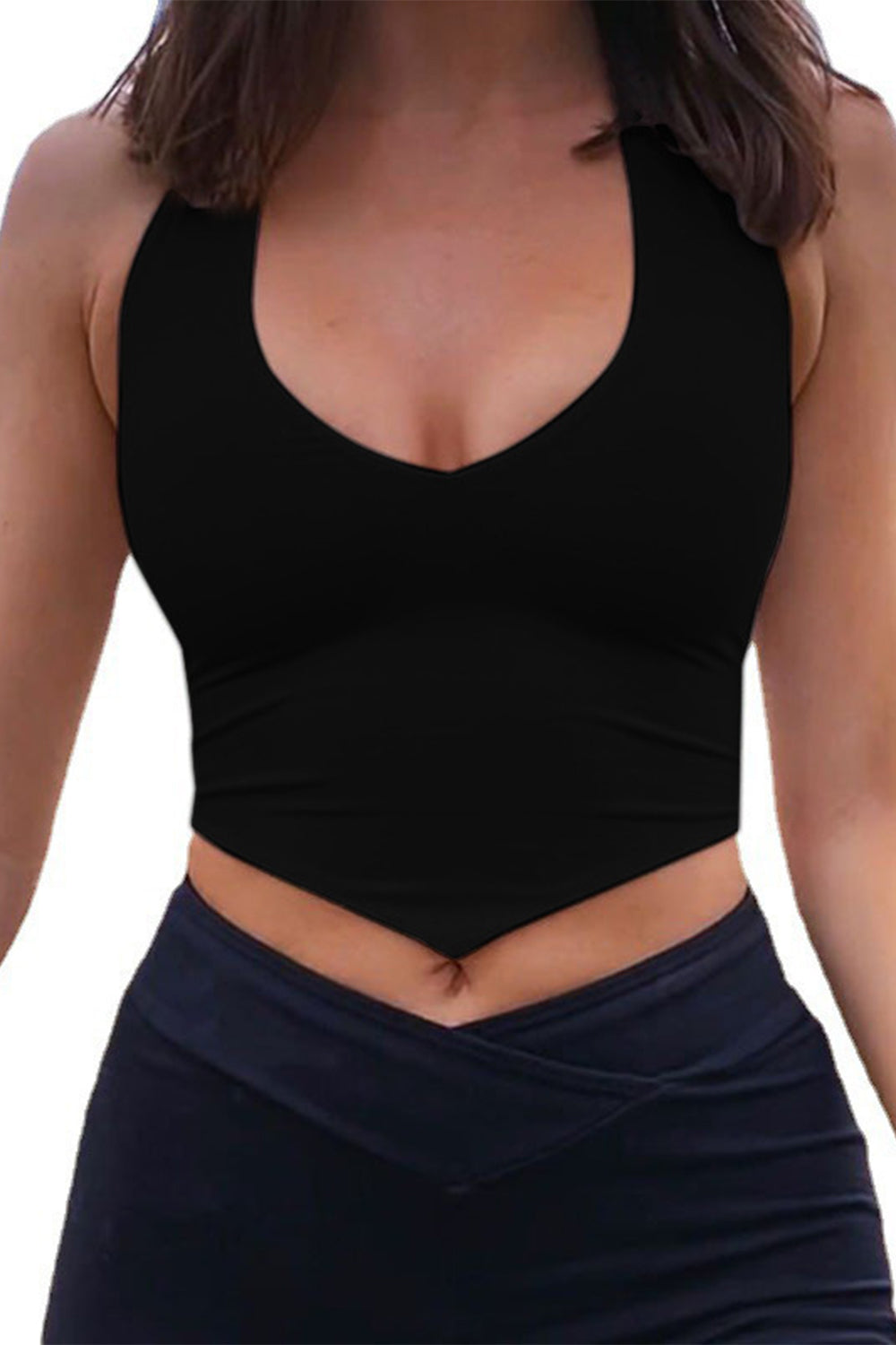 Black halter crop top with deep V-neckline and lace-up back detail