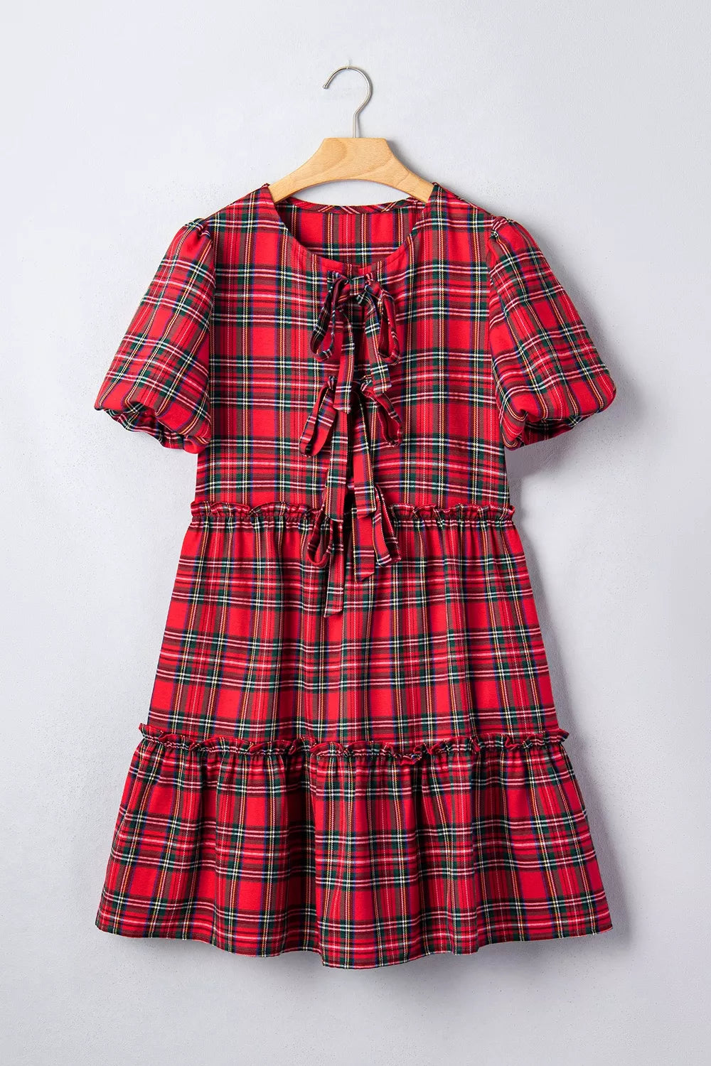 Plaid Knot Neck Short Sleeve Mini Dress in Burgundy, model styling view