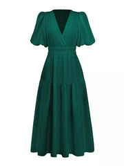 Elegant Puff Sleeve V-neck Midi Dress