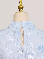 Blue mini dress with floral appliques and pearl accents on a high neckline.