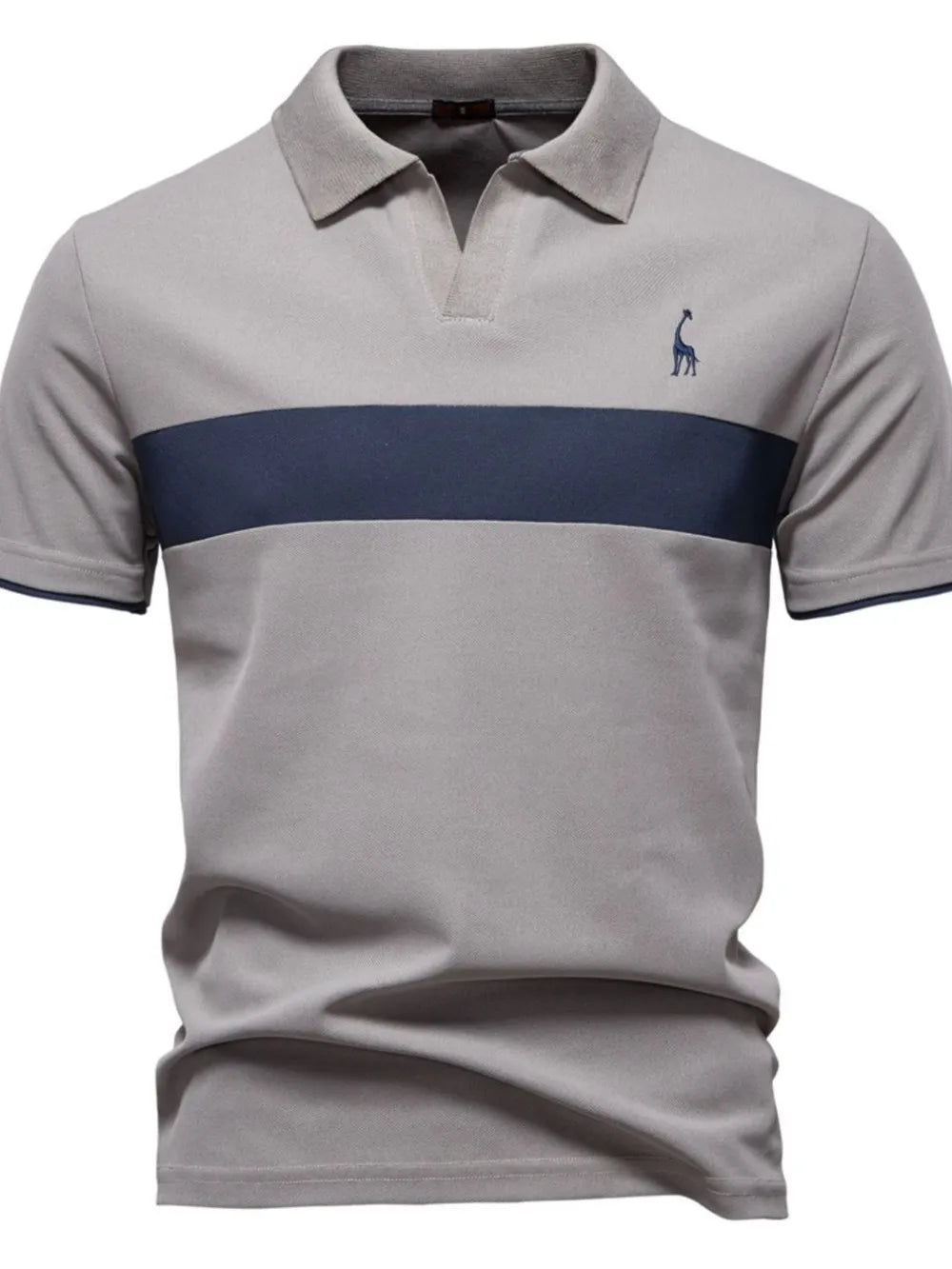 Gray polo shirt with navy stripe and giraffe embroidery