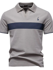 Gray polo shirt with navy stripe and giraffe embroidery