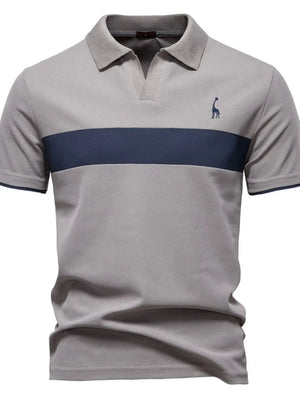 Gray polo shirt with navy stripe and giraffe embroidery